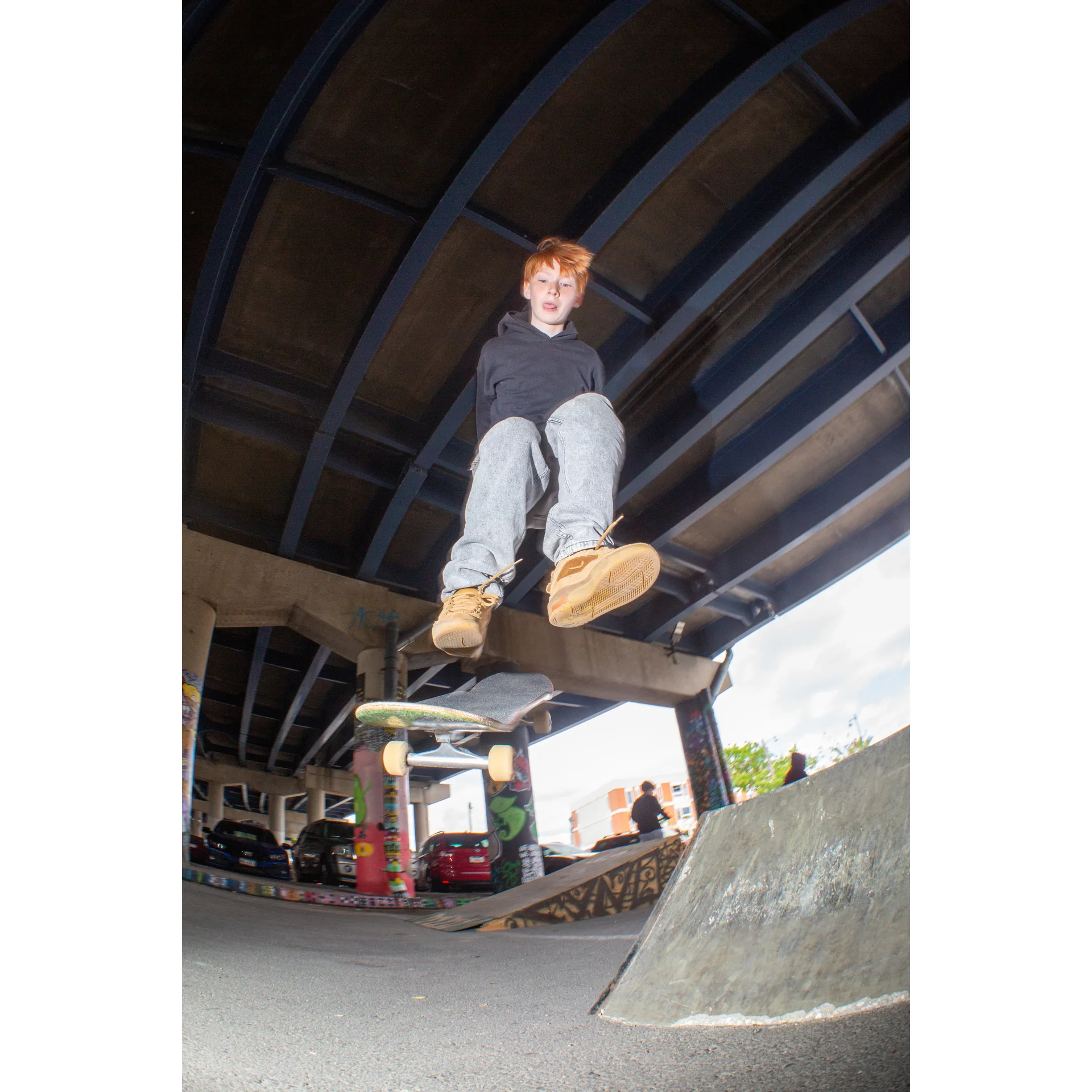 Young skater Carter performing a front shuv it. Photo shot by Dylan Shanahan.